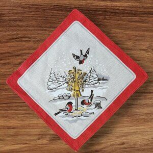 Vintage Swedish Doily Birds Wheat Sheaf Winter Christmas Solstice Print on Linen